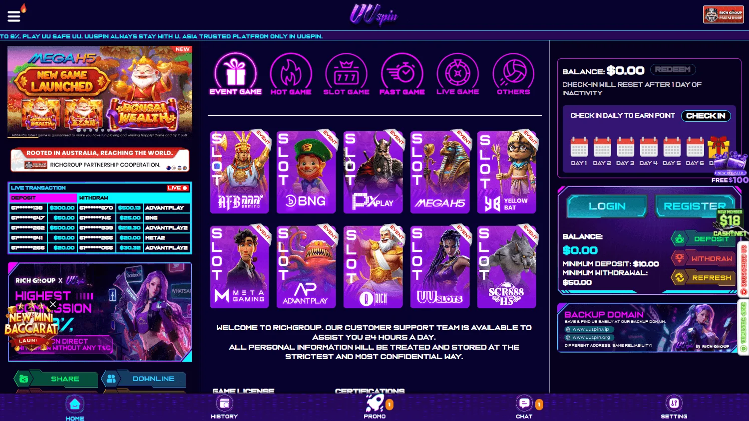 Uuspin Casino desktop home view for Australian players