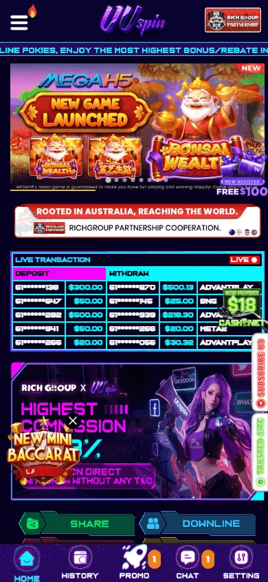 Uuspin Casino mobile games view with casino categories