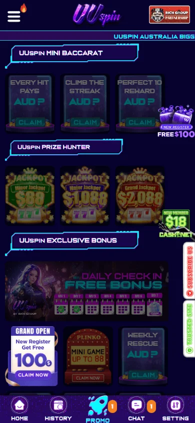 Uuspin Casino mobile promotions view with available rewards