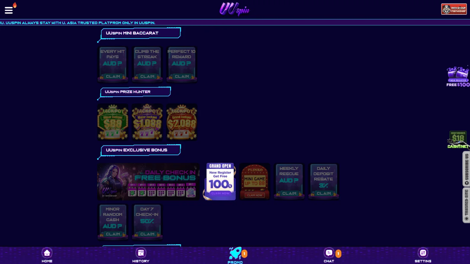 Uuspin Casino desktop promotions view with available rewards