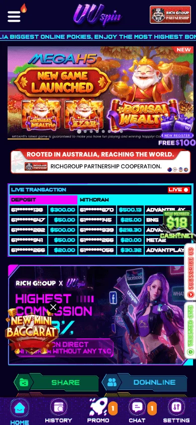 Uuspin Casino mobile home view for Australian players