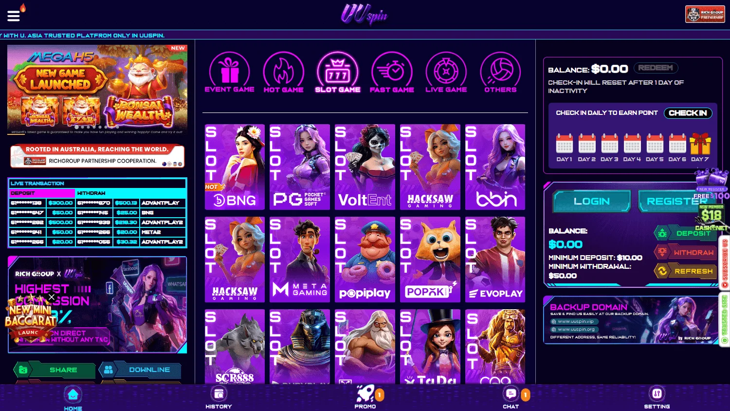 Uuspin Casino desktop games view with casino categories